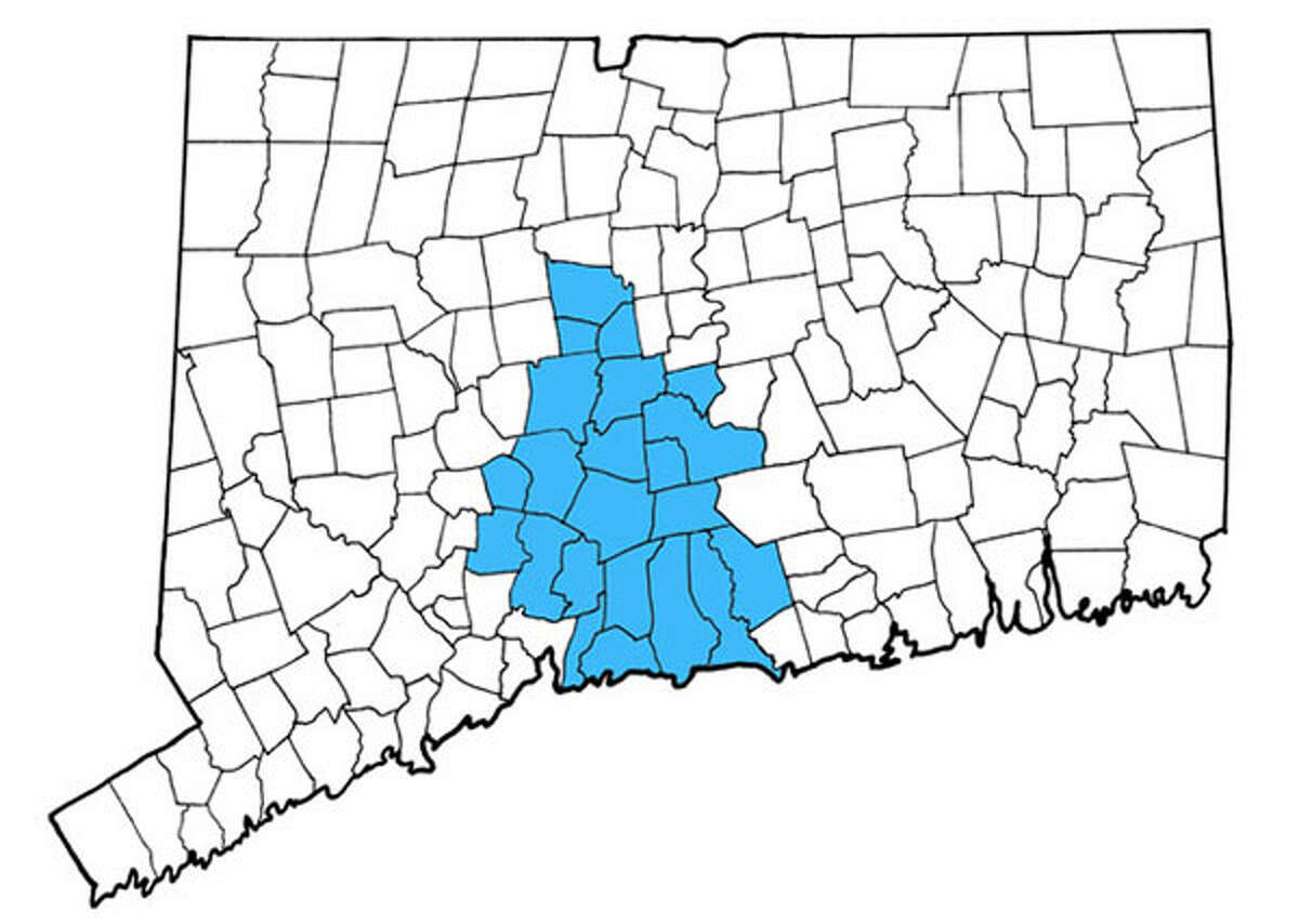 The towns shown in blue had periodical cicadas recorded in 1996, coming as close to Shelton as Bethany, Prospect and Hamden. The DEEP is hoping to discover new colonies throughout the state this year. (Graphic by Chris Maier/Connecticut Agricultural Experiment Station)
