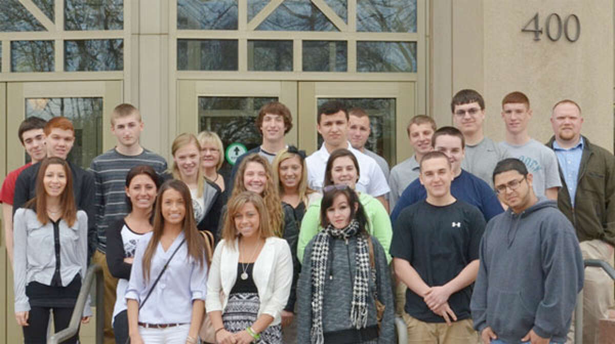 Twenty-two junior and senior students from Shelton High School receive a first-hand look at the judicial system during a tour of the Waterbury courthouse. With them are their teachers Nancy Duffy (back row, third from left) and Fred Mulholland (back row, far right).