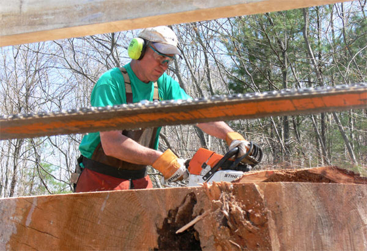 Dennis J. Hoover of Terrific Timbers works on slabbing a large pine tree in Shelton for resident Teri Haney. (Photos by Brad Durrell)