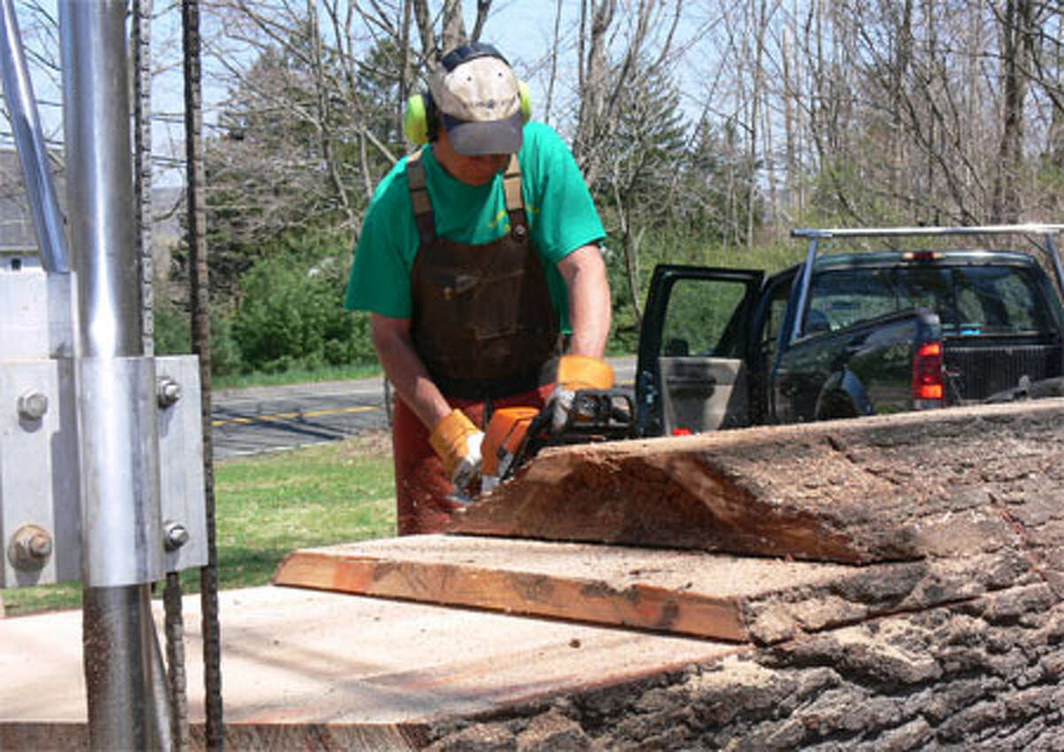 Dennis J. Hoover of Terrific Timbers works on creating slabs from the tree.