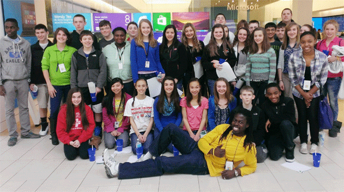 Students from Shelton Intermediate School, led by teacher Bob Ayer, participate in the Microsoft YouthSpark effort.
