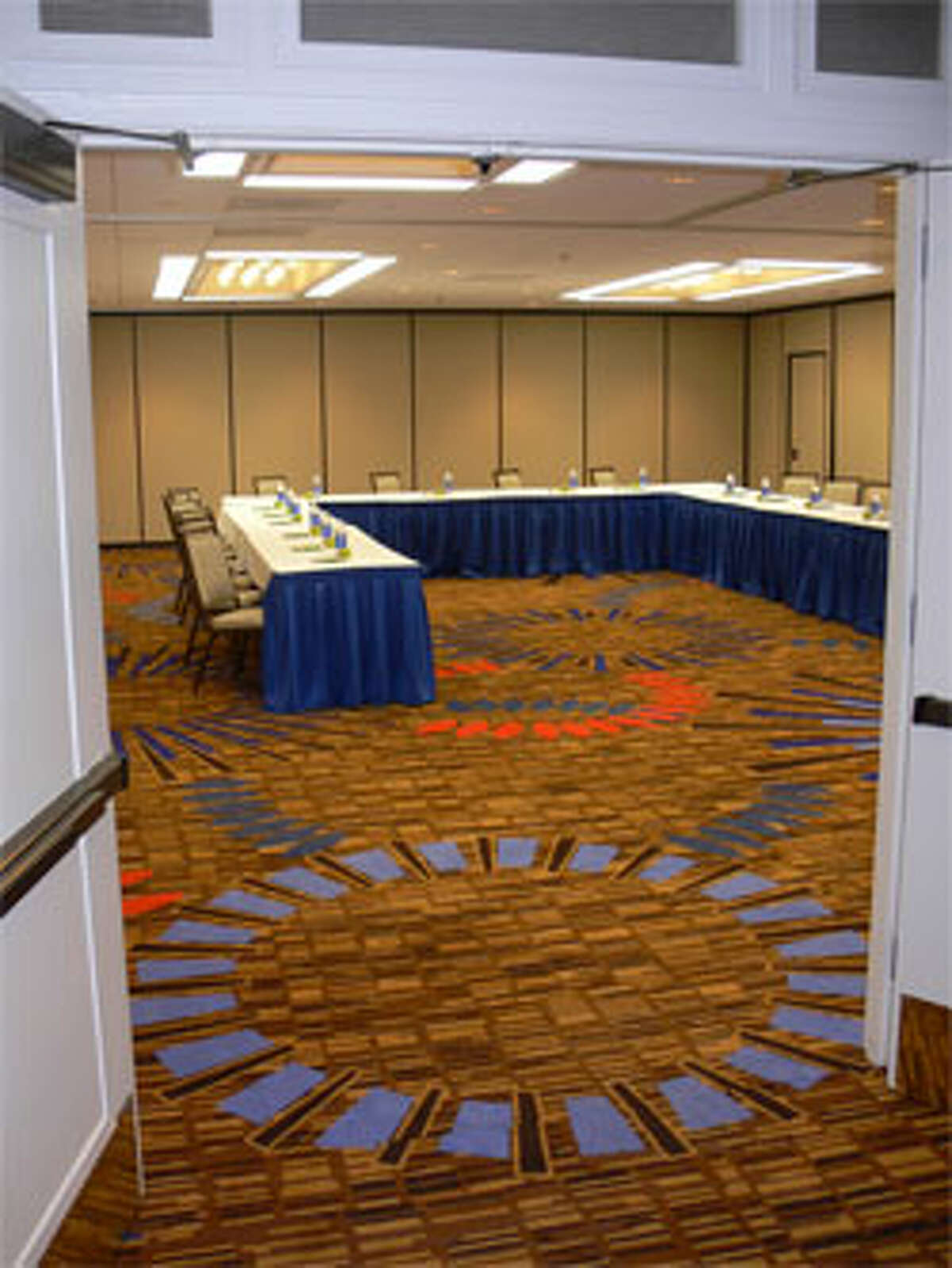 A section of the renovated ballroom set up for a business meeting at the Shelton Courtyard by Marriott.