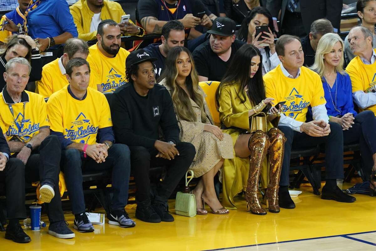 Notable figures at Warriors 2019 playoff games Jay-Z and Beyonce attend Game Three of the 2019 NBA Finals between the Golden State Warriors and the Toronto Raptors at ORACLE Arena on June 05, 2019 in Oakland, California.