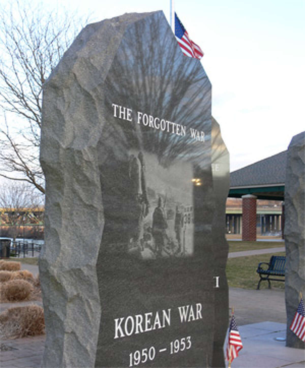 The Korean War veterans monument at the Riverwalk in downtown Shelton.
