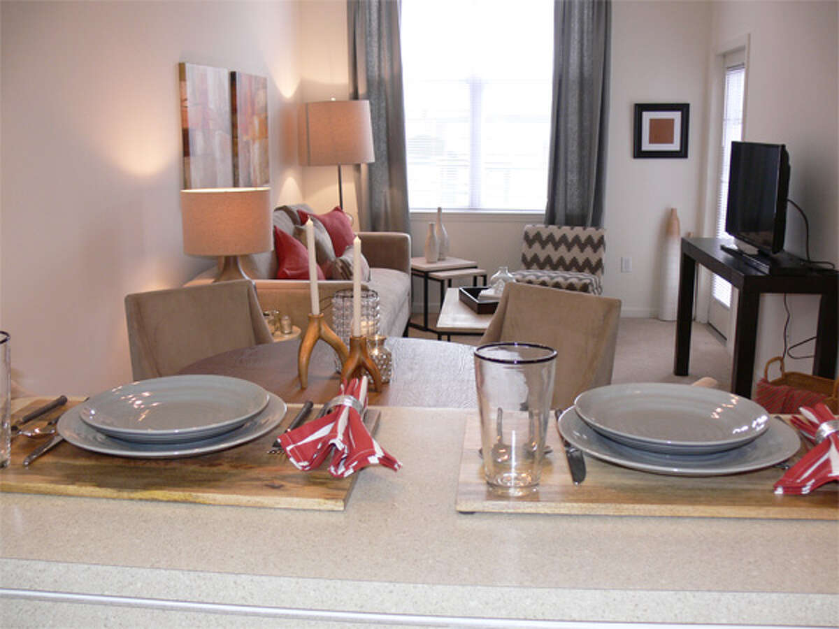 A look inside the living room of a one-bedroom model unit in the new Avalon Shelton complex.
