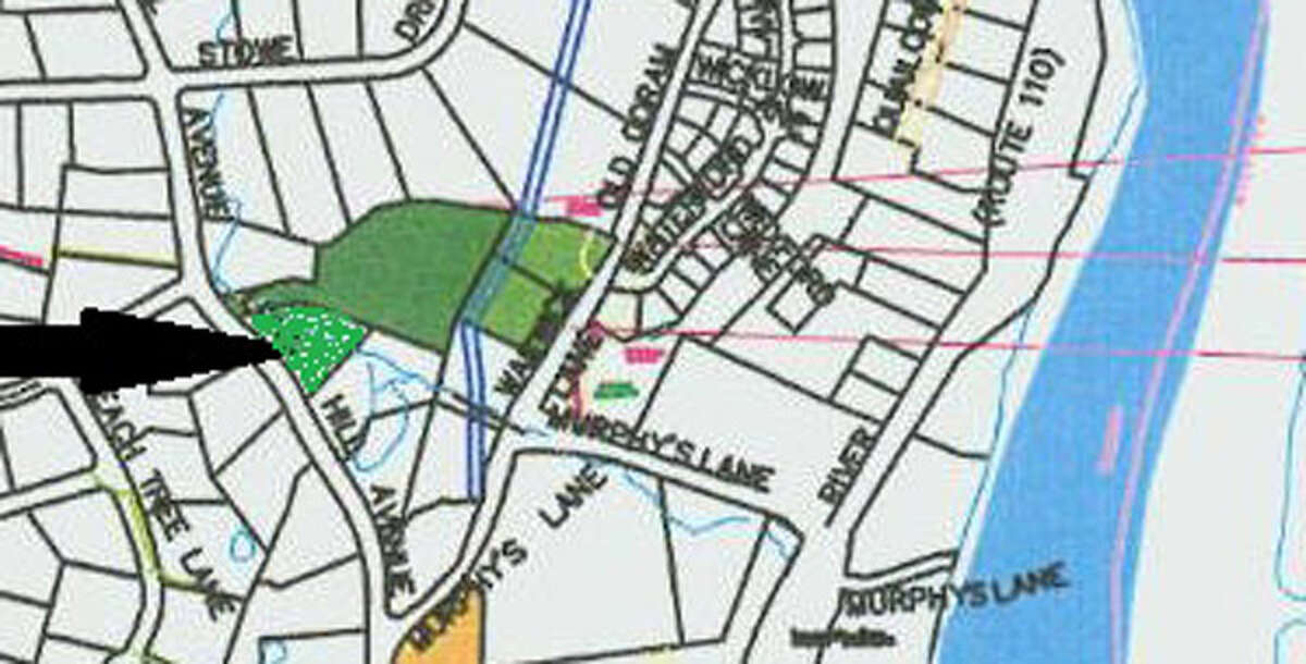 A map showing the new land trust property on Long Hill Avenue, on the lower left where the arrow points.