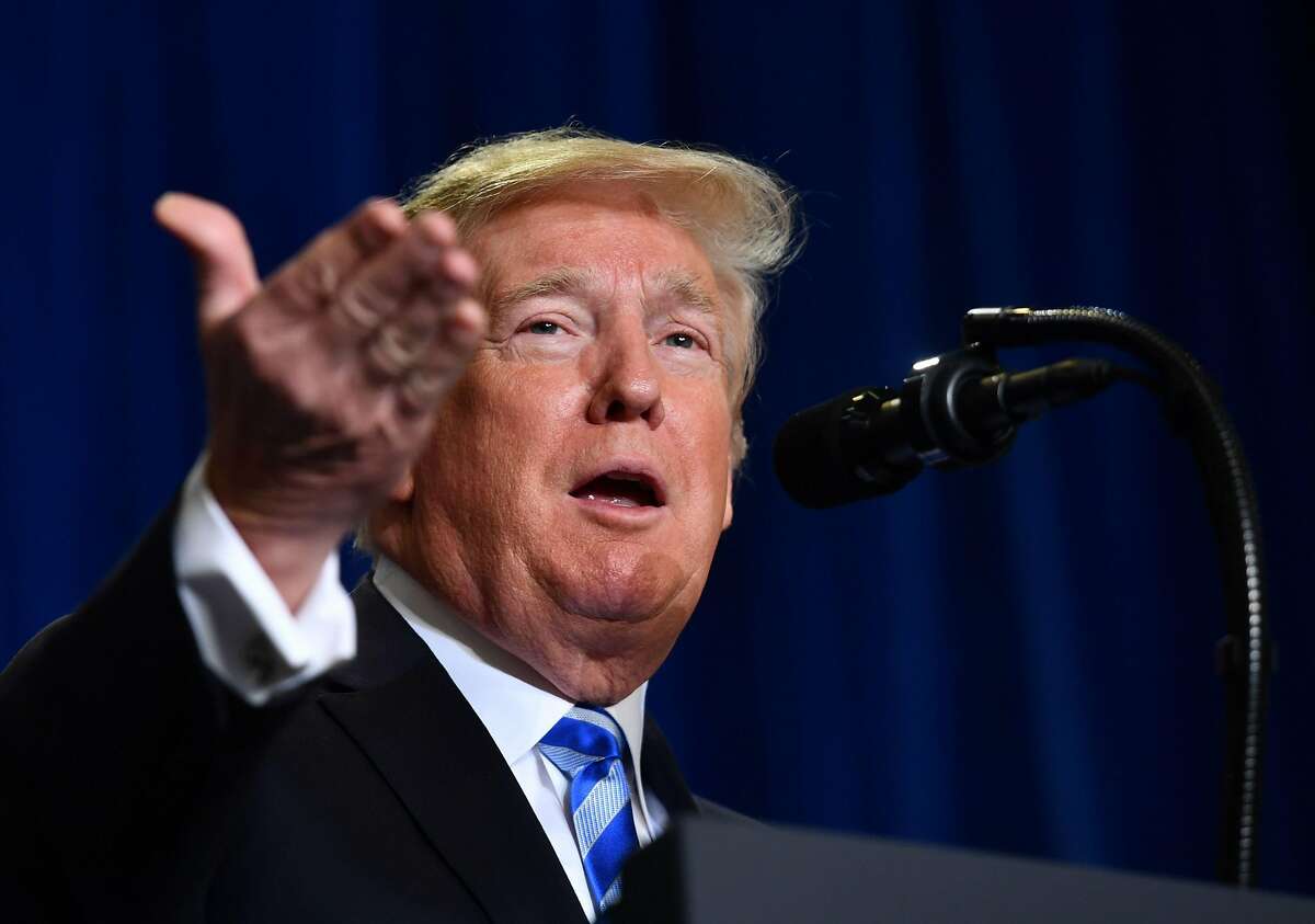 (FILES) In this file photo taken on October 25, 2018, US President Donald Trump speaks at the Department of Health and Human Services in Washington, DC. - The Trump administration on Wednesday discontinued a multi-million-dollar research contract with a university involving the use of fetal tissue to test new HIV treatments. The Department of Health and Human Services (HHS) announced on June 5, 2019, it was ending a $2 million a year contract with the University of California, San Francisco (UCSF) for research that began in 2013 and involves tissue from elective abortions. (Photo by Nicholas Kamm / AFP)NICHOLAS KAMM/AFP/Getty Images
