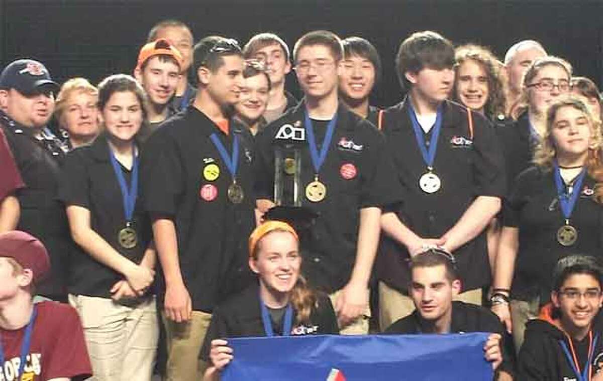 The winning Shelton High School robotics team at the New England championship in Boston.