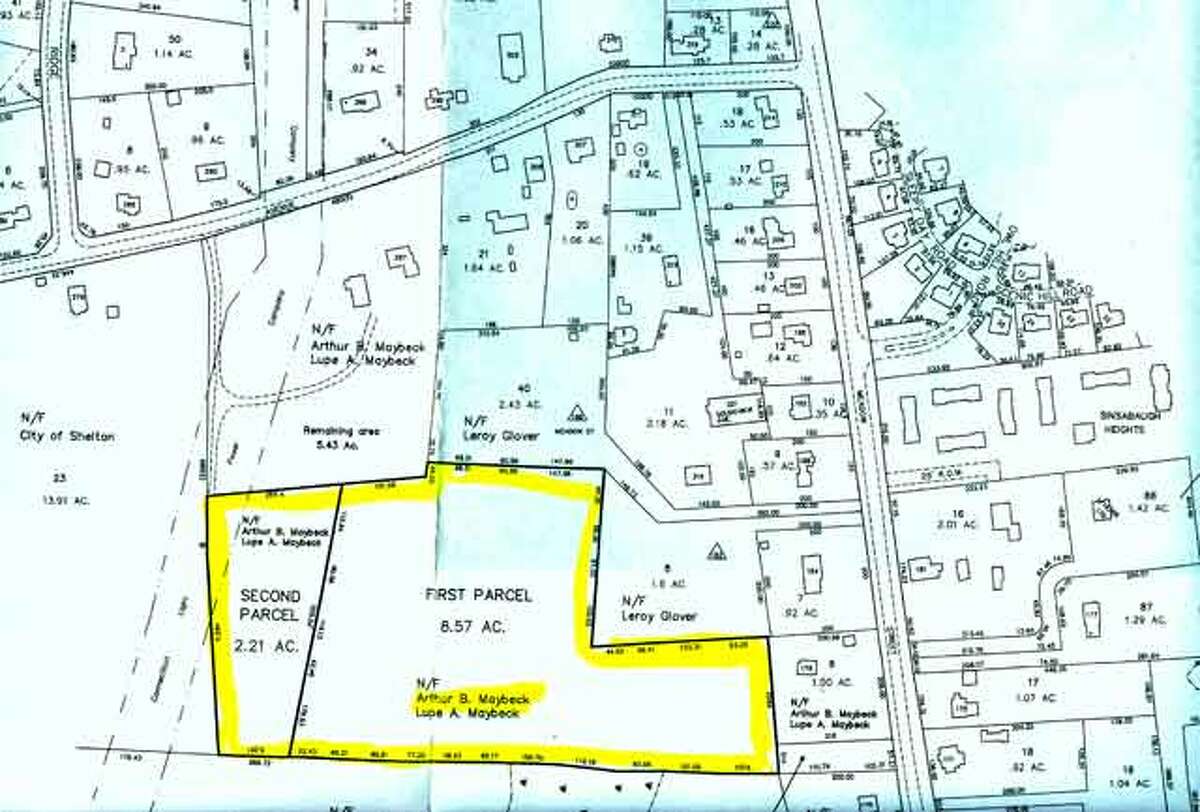 The city has purchased two land-locked parcels from Lupe Maybeck totaling 10.8 acres, which is marked in yellow. In this map, Meadow Street is on the right and Soundview Avenue is on the top.
