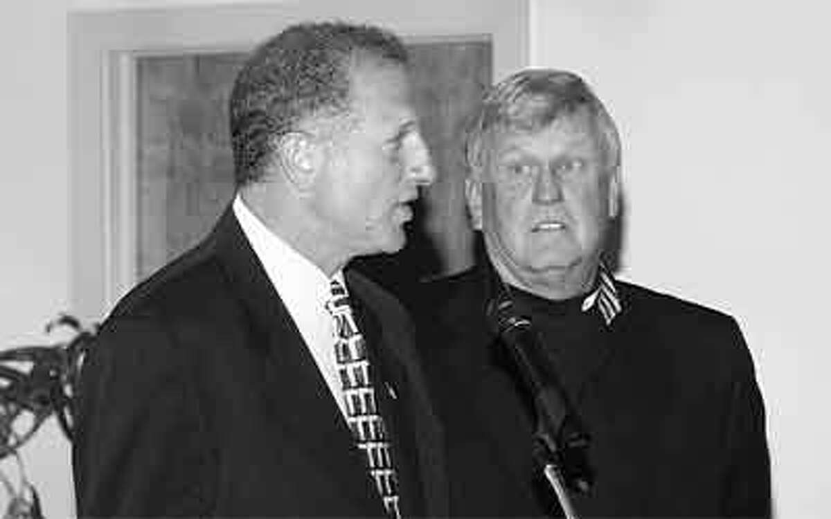 Former Major League Baseball pitcher and Bridgeport Bluefish manager Tommy John, right, with Shelton Mayor Mark Lauretti at an event in the past.