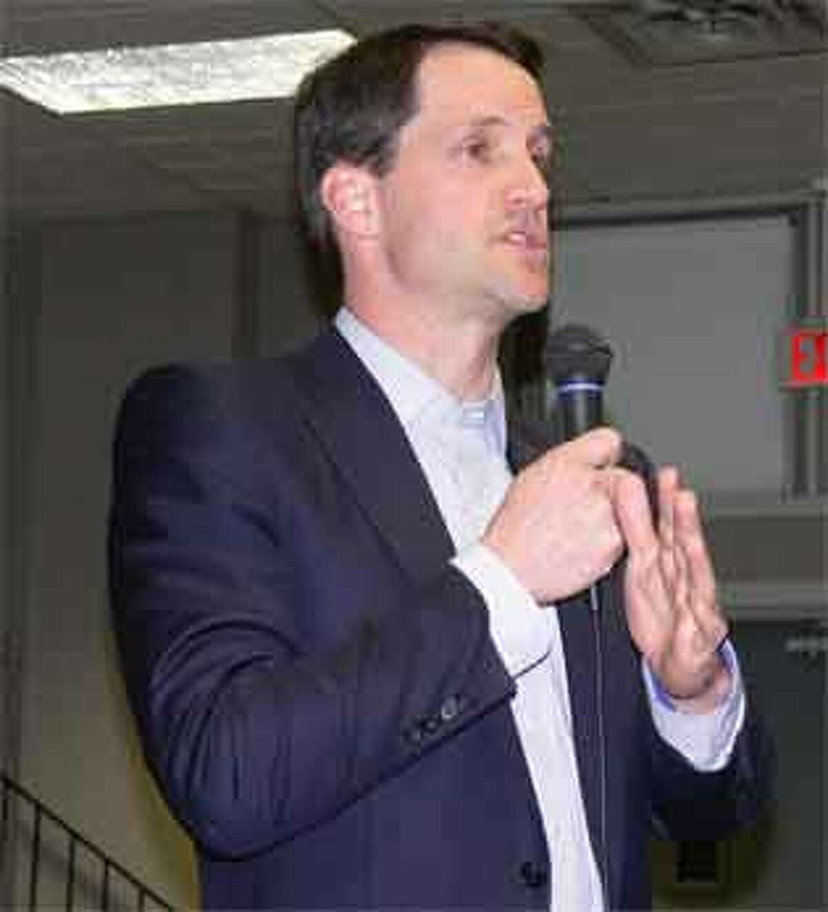 U.S. Rep. Jim Himes speaks to constituents at a town hall-style meeting at Shelton City Hall.