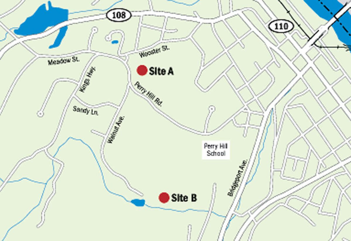 This map shows two possible sites being considered for 120-foot-tall cell-phone towers by AT&T. The locations are on property owned by the Highland Golf Club, with its golf course being on both sides of Perry Hill Road. Opposition has centered on Site A.