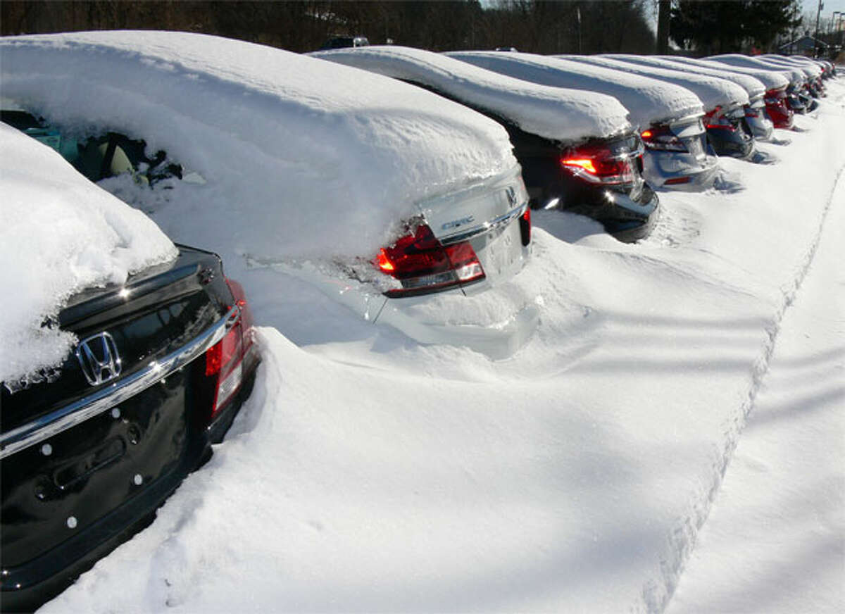 Earlier this week, new Honda vehicles being stored off Bridgeport Avenue by Curtiss-Ryan were barely noticeably under accumulating snow from the winter.