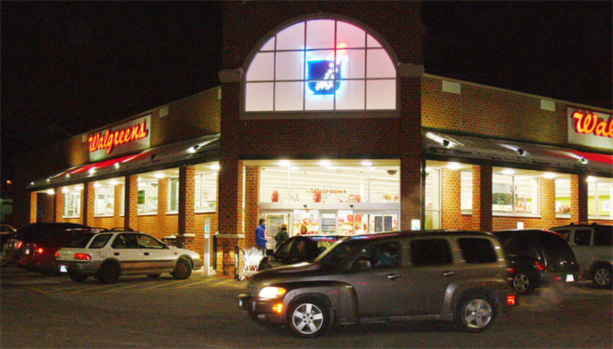 A nighttime view of the Walgreens on Bridgeport Avenue in Shelton.