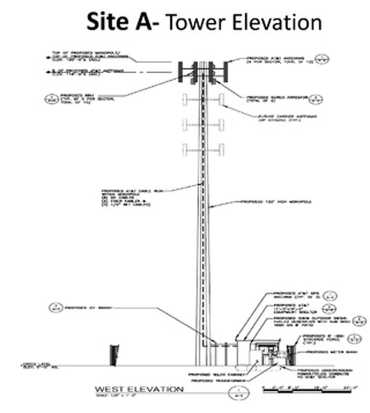 A rendering of the AT&T monopole cell tower that could be proposed for Site A, off Perry Hill Road on Highland Golf Club property