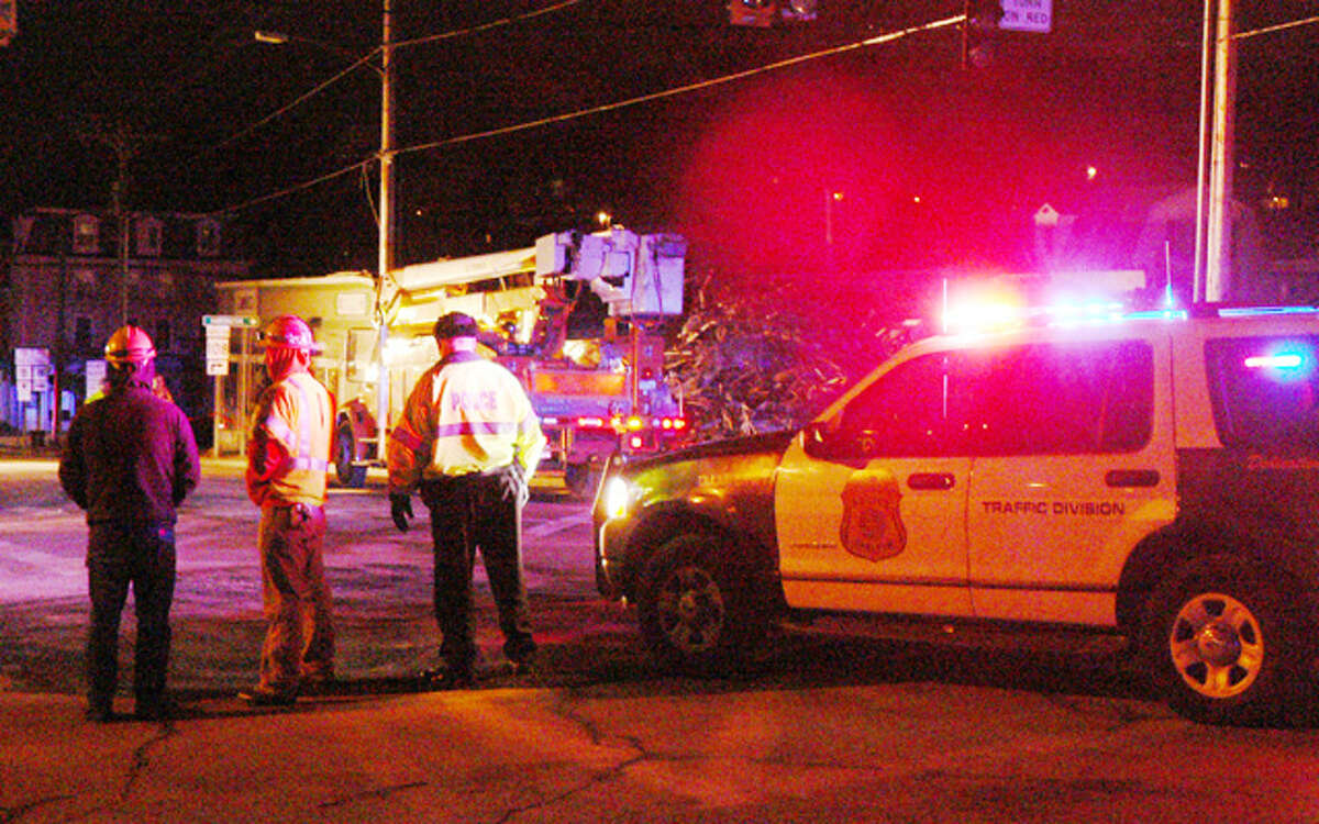 A photo of the downtown Shelton fire scene, with Shelton police and UI personnel, taken at about 9:30 p.m. on Monday.