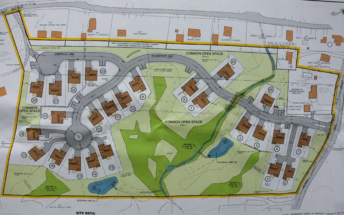 The final 25-home Perry Hill Estates plan as submitted, with Perry Hill Road on the right and Walnut Avenue on the top. Houses are in brown, common open space in green, wetlands in dark green, and the proposed two detention ponds in blue. The number of homes now will likely have to be reduced.