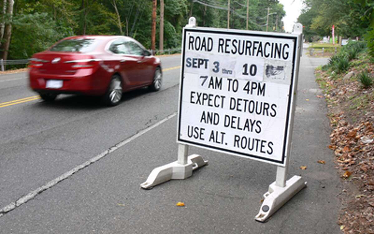 A road work sign, photographed on Sept. 11, indicates motorists can expect delays on lower Bridgeport Avenue in Shelton.