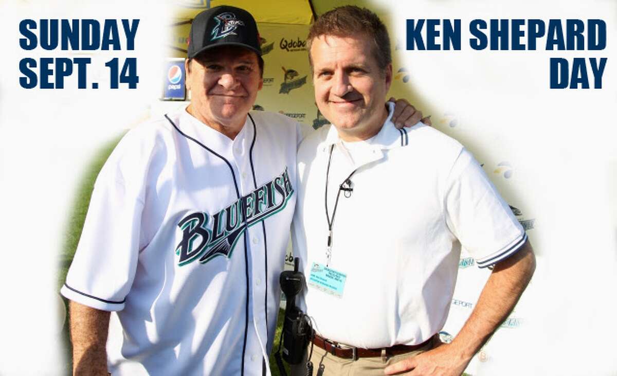Ken Shepard, on right, with former Major League Baseball player and manager Pete Rose during a recent Bridgeport Bluefish promotional event.