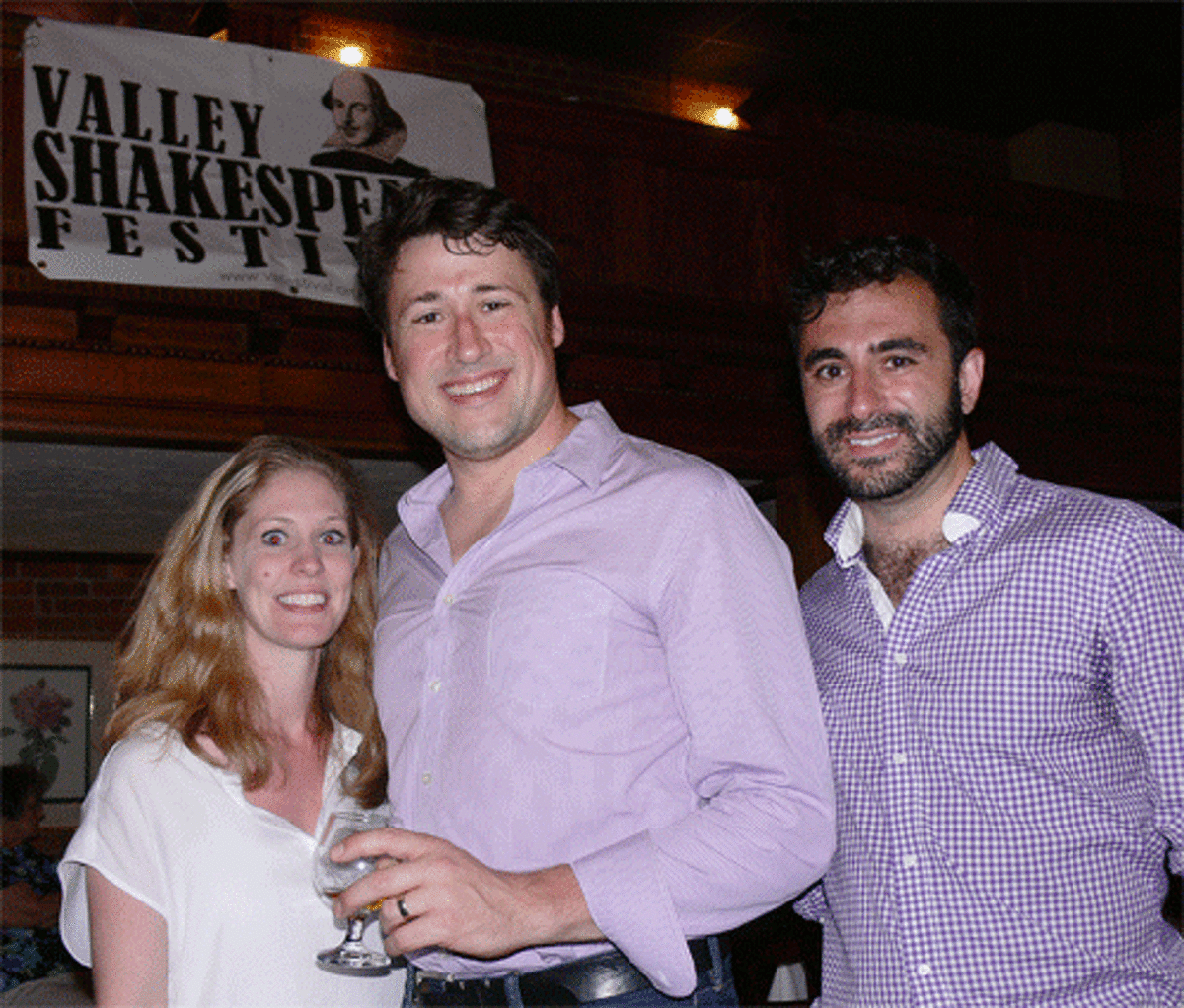 From left, “Much Ado About Nothing” cast members Megan Emery Gaffney, Colin Ryan and Tom Simonetti attend a “Meet and Greet” fund-raising event for Valley Shakespeare Festival on July 2 at the Twisted Vine in Derby. Simonetti, a Shelton native, also is the festival’s executive and artistic director.