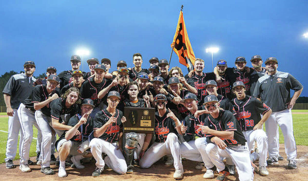 Edwardsville poses with the Class 4A Springfield Lincoln Land Super-Sectional championship plaque after defeating Chicago Marist on Monday in Springfield.