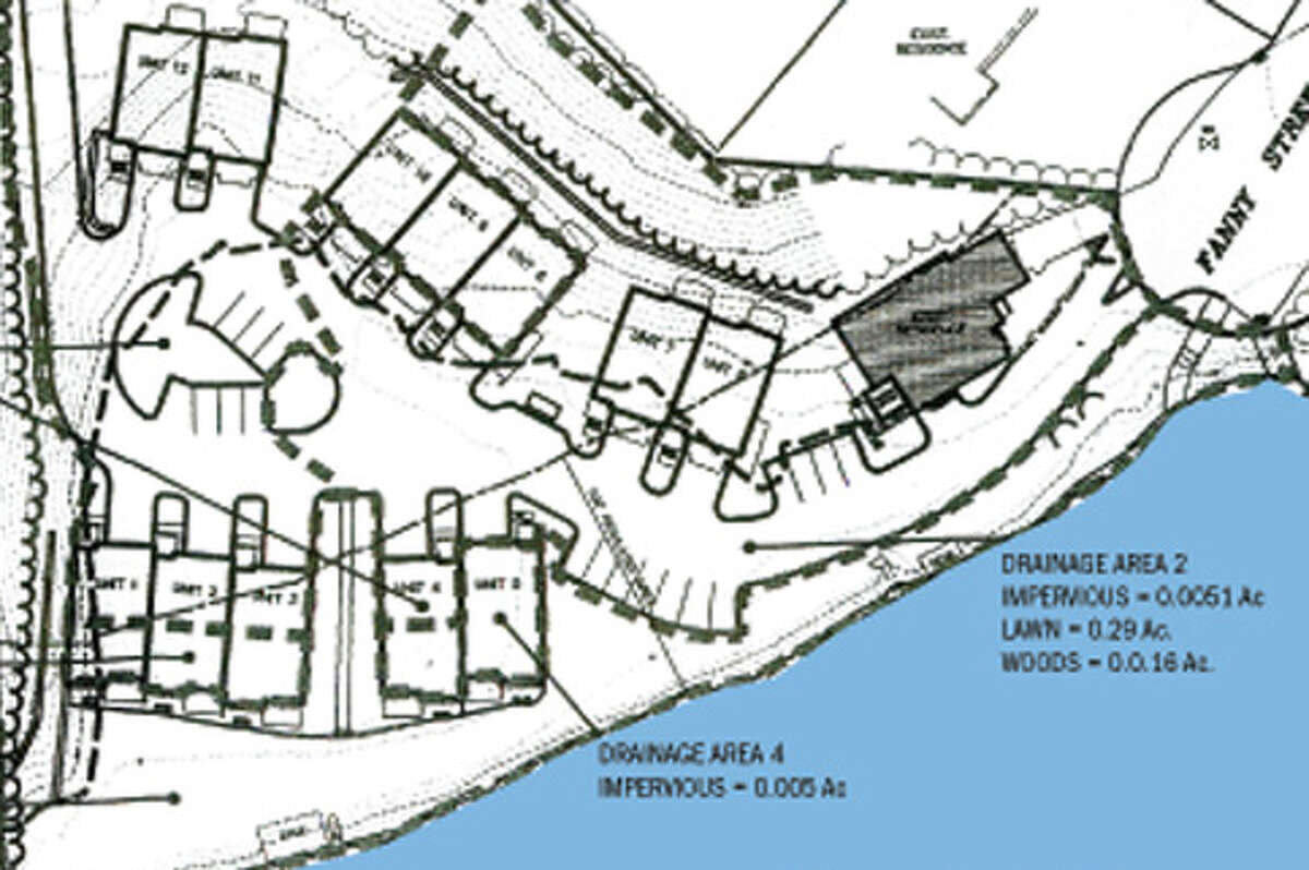 Another view of the developer's rendering of the riverfront project with 14 residential units and a marina office at 500 River Road and 41 Fanny St.