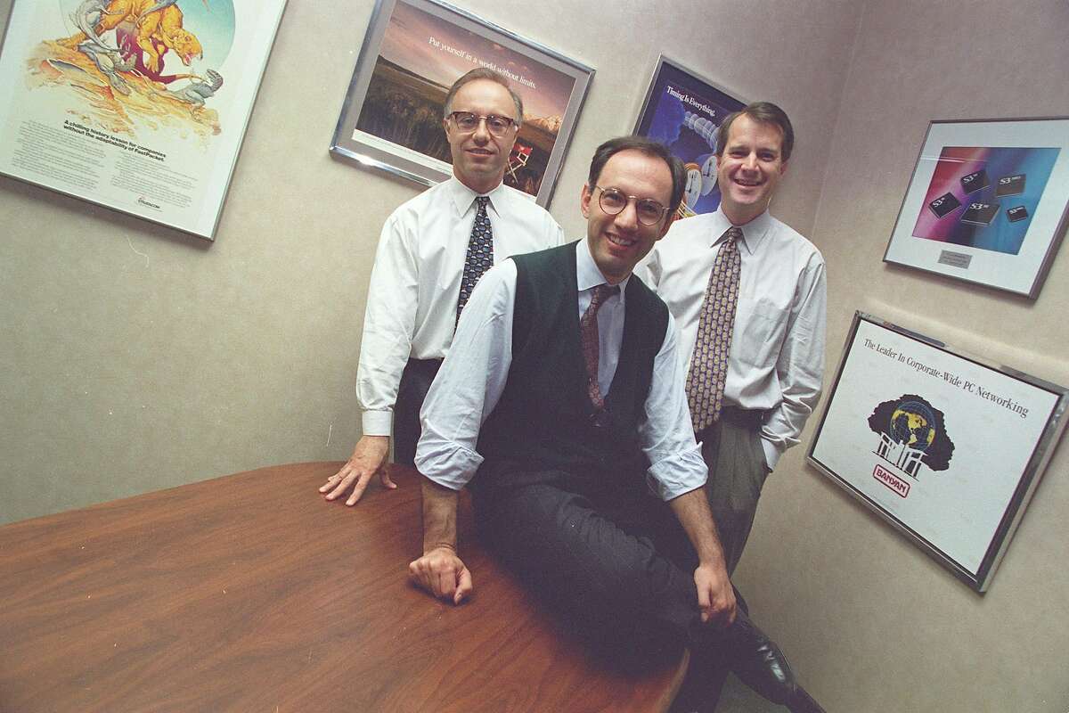 SEQUOIA-16APR96-BU-LARSON - Michael Moritz (front) of Sequoia, Venture Capital Firm with General Partners, Doug Leone (l) and Mark Stevens (r). Photo by Fred Larson