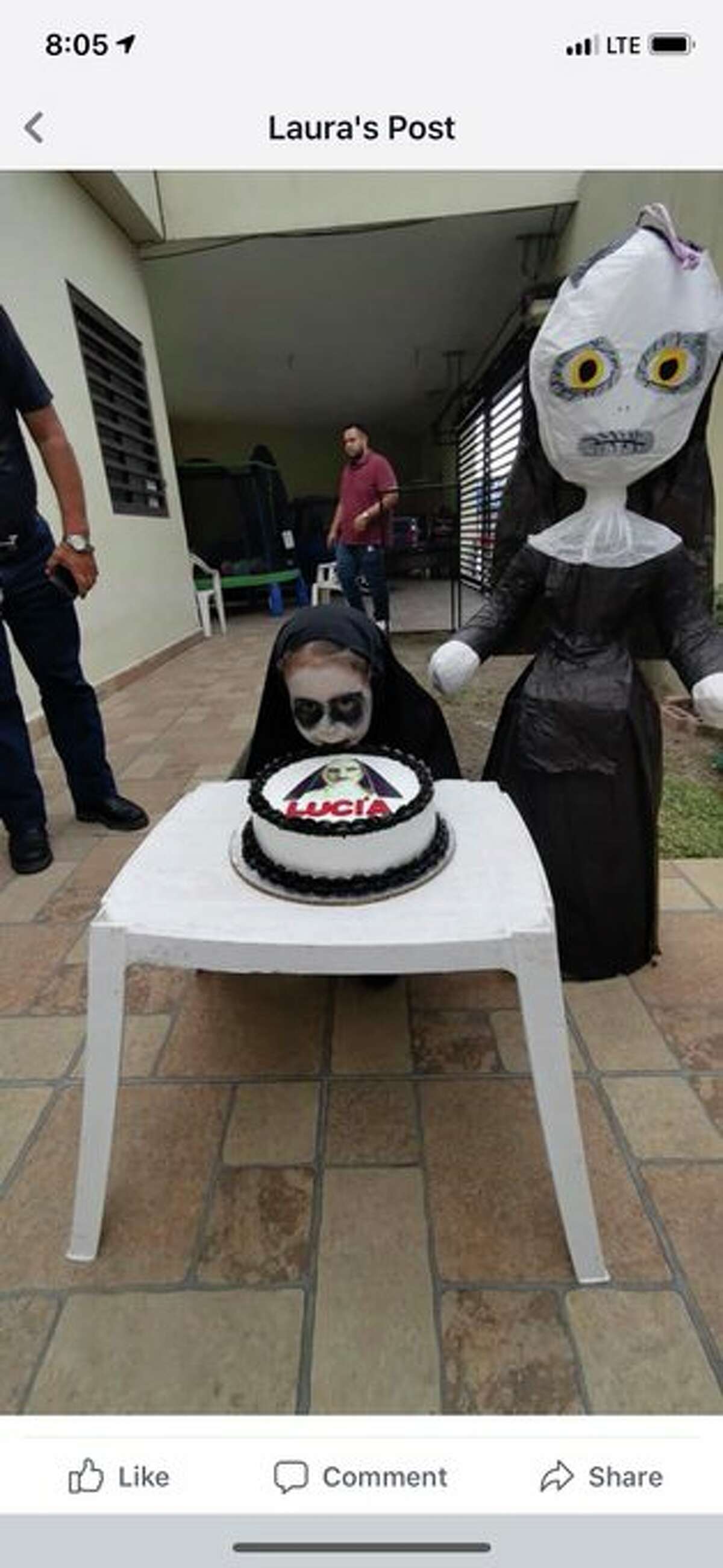 Little Lucia celebrated her 3rd birthday in Monterrey, Mexico dressed as a tiny version of the demonic nun from "The Nun" on Monday, her cousin Andrea Villarreal, a San Antonio resident, told mySA.com. Villarreal tweeted photos of the little girl in what has become an insanely popular post that even Jordan Peele noticed.