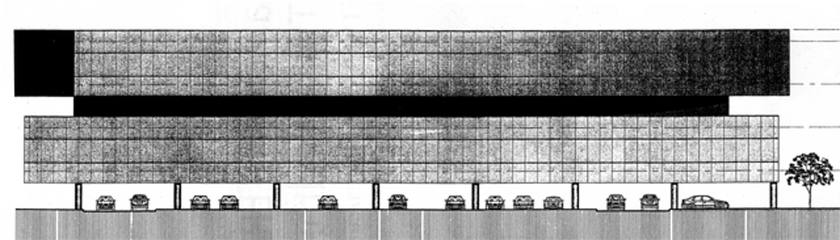 A conceptual rendering of the three-story, modern-looking office building proposed by R.D. Scinto for Commerce Drive, with a parking area on the first floor and offices on the two upper floors.