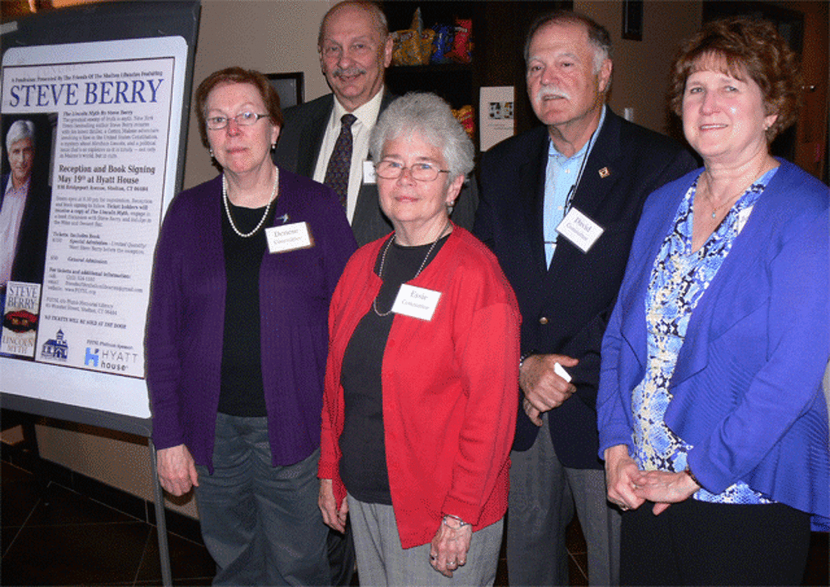 Among those who worked on the Friends of the Shelton Libraries event to bring author Steve Berry to Shelton are, from left, Denese Deeds, treasurer of the Friends; Andy Mollo, event committee member; C. Elspeth Lydon, Shelton library director; David Gioiello, event committee member; and Jean Cayer, Library Board member and event committee member.