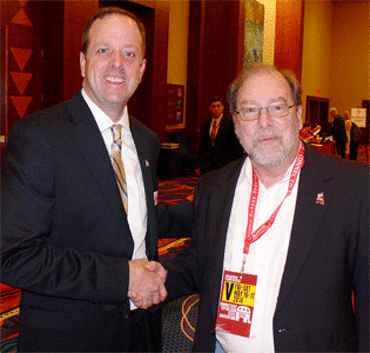 James Brown of Stratford, left, who won the Republican endorsement to challenge longtime Democratic U.S. Rep. Rosa DeLauro in the Third District, with Mike Krenesky of Beacon Falls at the Republican State Convention.
