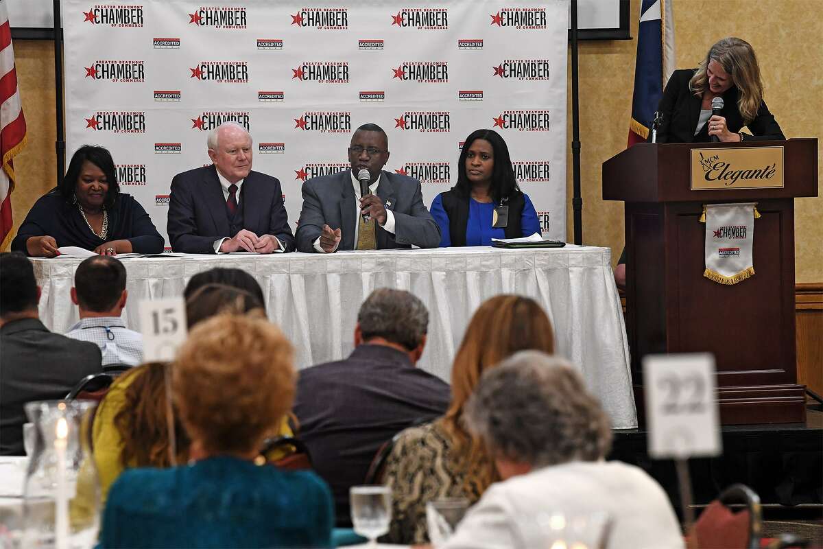 Lonnie Howard, president of Lamar Institute of Technology speaks as a panel member during the State of the Workforce Luncheon on Thursday. The event informed local business leaders on the supply and demand of Southeast Texas' workforce. From left, Marilyn Smith, Frank Newton, Donna Prudhomme are also seated at the panel table. Photo taken Thursday, 6/6/19