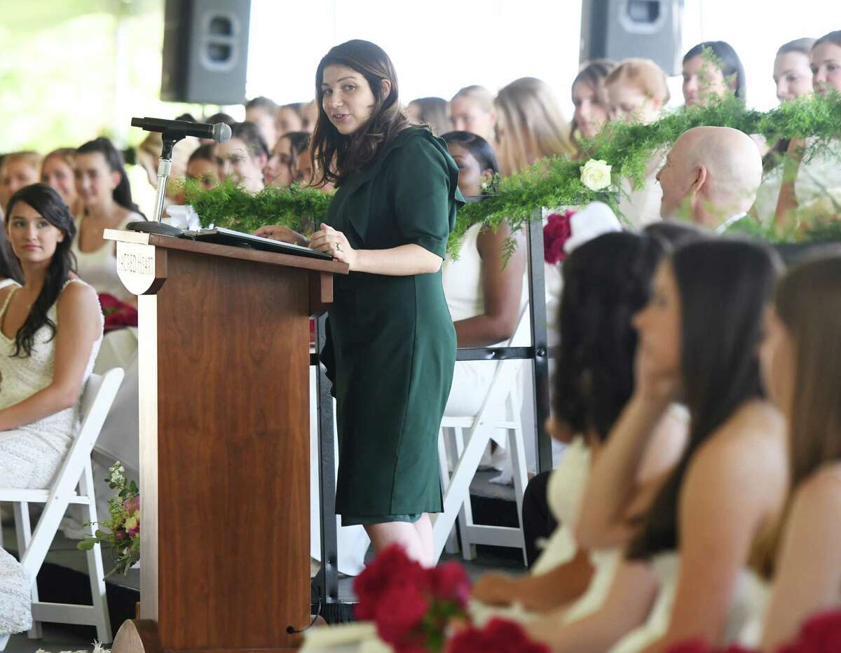 Alumni speaker from the Class of 2002, Christina Ciardullo, speaks at the 117th Commencement at Sacred Heart Greenwich in Greenwich, Conn. Thursday, June 6, 2019. 80 graduates received their diplomas in a ceremony that featured speeches by Valedictorians Kristen Walsh and Meredith Wilson and alumni speaker from the Class of 2002, Christina Ciardullo.