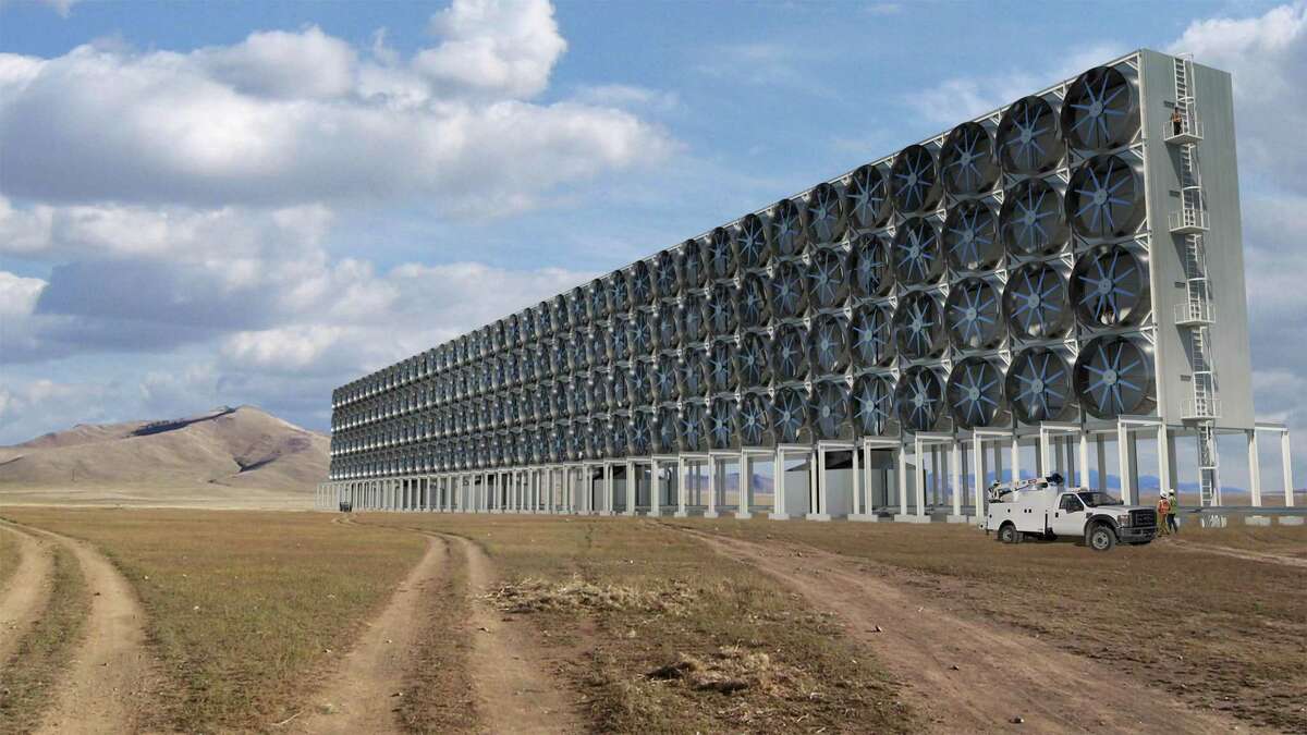A rendering of the fans used to suck in air and carbon dioxide for one of Carbon Engineering's commercial direct air capture plants. Direct air capture can help solve both climate and economic challenges, the authors argue.