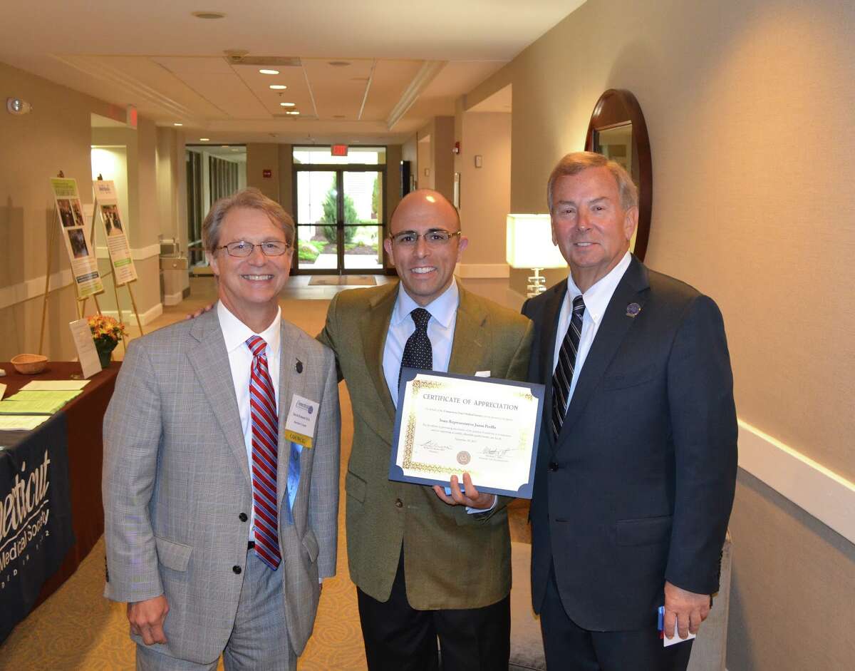 David Emmel, MD, Legislative Chair of the CSMS., State Rep. Jason Perillo, and Robert Russo, MD, from Bridgeport, the immediate past president of the CSMS.