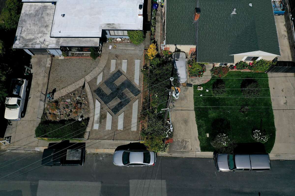EL SOBRANTE, CALIFORNIA - JUNE 05: A design resembling a swastika is displayed in front of a home on June 05, 2019 in El Sobrante, California. People living in a San Francisco Bay Area suburb are upset that homeowner Steve Johnson has built a large design in his front yard that resembles a swastika. (Photo by Justin Sullivan/Getty Images) ***BESTPIX***