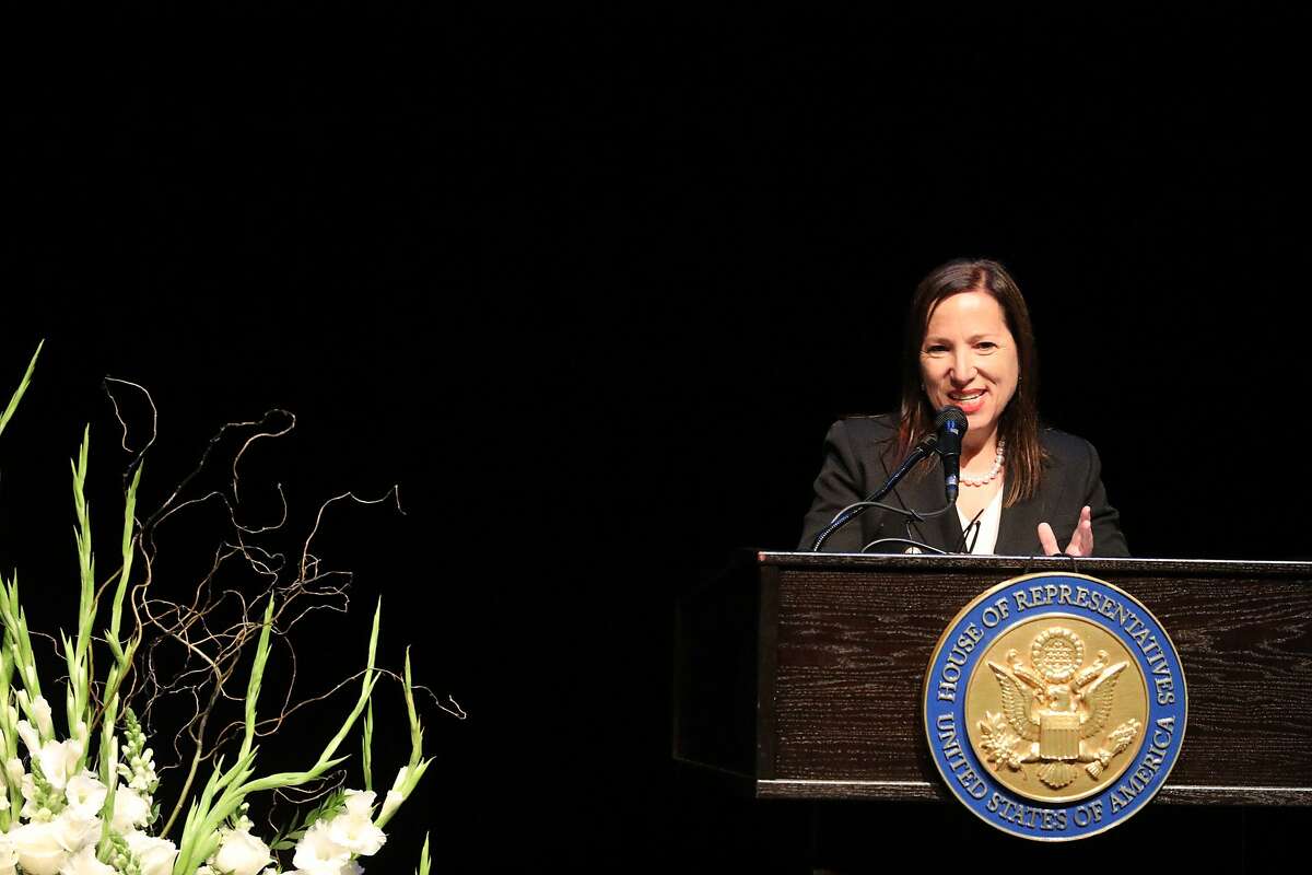 Lieutenant Governor Eleni Kounalakis speaks in place of Governor Gavin Newsom during the memorial service for former congresswoman Ellen Tauscher at the Lesher Center for the Arts on Thursday, June 6, 2019 in Walnut Creek, Calif.