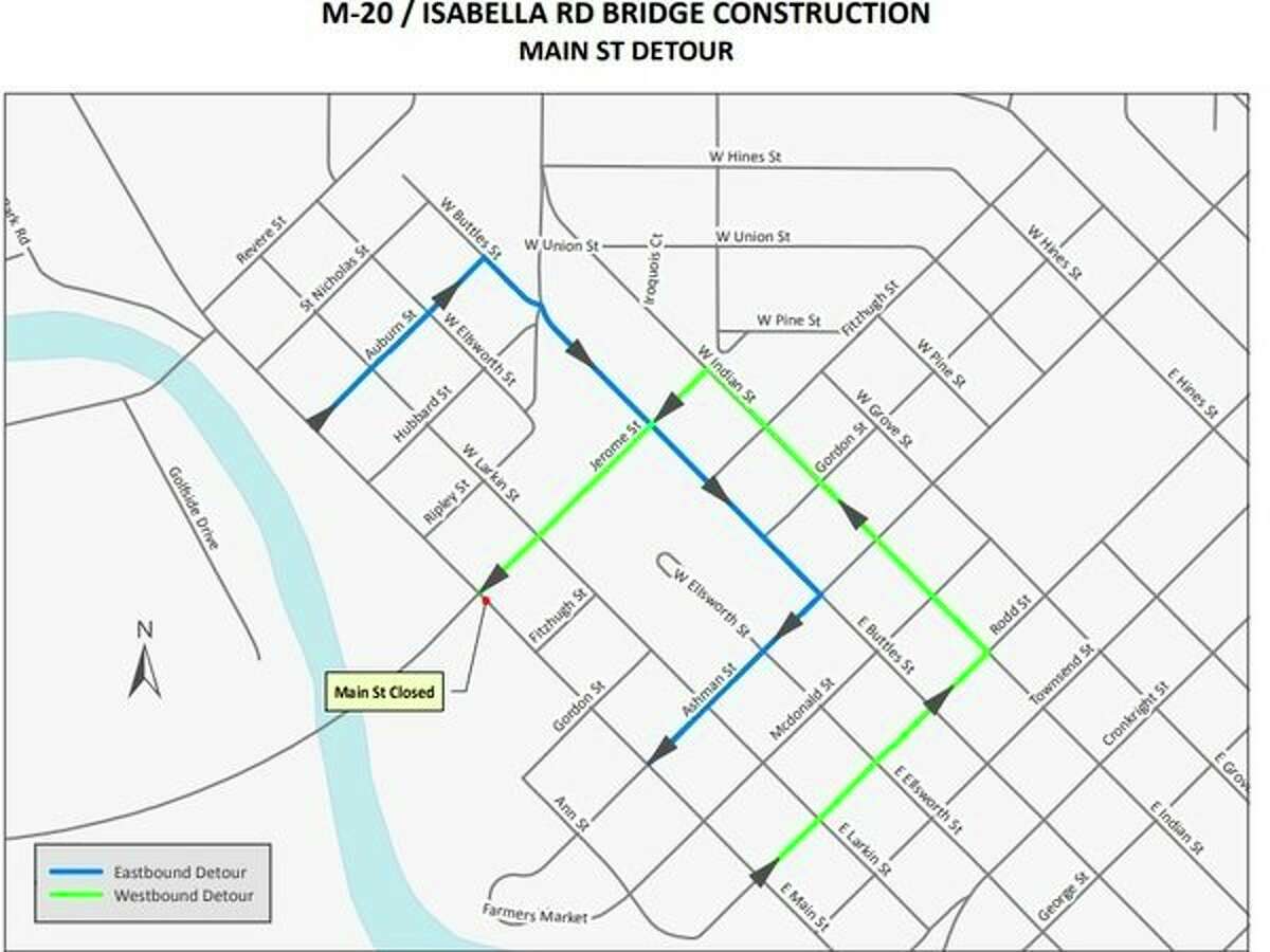 A map shows the detour for drivers during the construction on the M-20 bridge in Midland. (Photo provided)