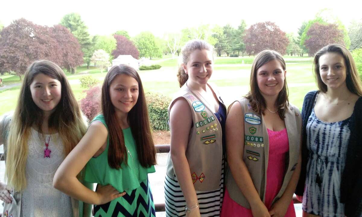 Olivia Wong, Julie Hoff, Michelle Marty, Kathryn Wilkinson, and Christina Marino celebrate achieving the Girl Scout Silver Award.