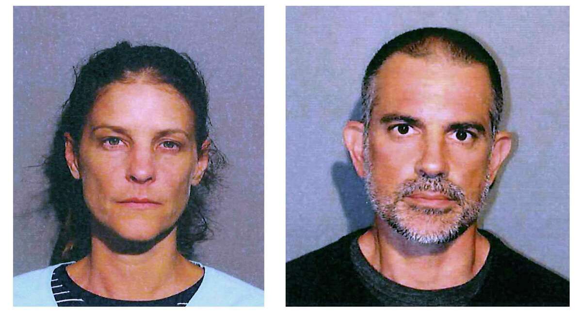 This photo provided by the New Canaan Police Department shows Michelle C. Troconis, left, and Fotis Dulos, right. Police in Connecticut have arrested a missing mother of five's estranged husband and his girlfriend on charges of evidence tampering and hindering prosecution. New Canaan authorities announced Sunday, June 2, 2019, the arrests of 51-year-old Dulos and 44-year-old Troconis. Both were detained on $500,000 bail and are scheduled to be arraigned Monday in Norwalk Superior Court. Details of the allegations were not released. (New Canaan Police Department via AP)