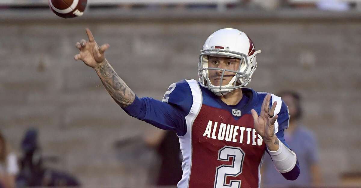 Montreal Alouettes quarterback Johnny Manziel (2) throws a pass against the Hamilton Tiger-Cats during the first half of a Canadian Football League game Friday, Aug. 3, 2018, in Montreal. (Paul Chiasson/The Canadian Press via AP)