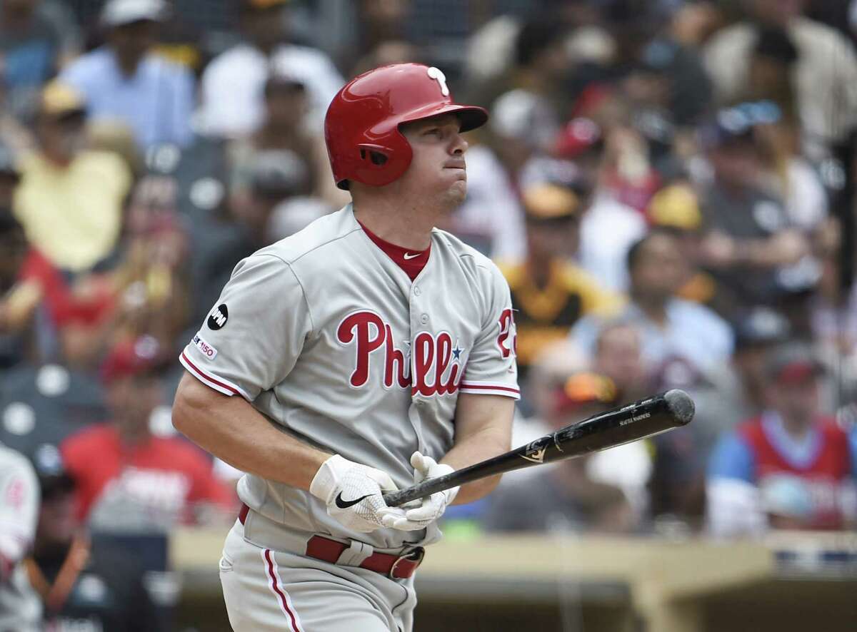 SAN DIEGO, CA - JUNE 5: Jay Bruce #23 of the Philadelphia Phillies hits a solo home run during the fourth inning of a baseball game against the San Diego Padres at Petco Park June 5, 2019 in San Diego, California.