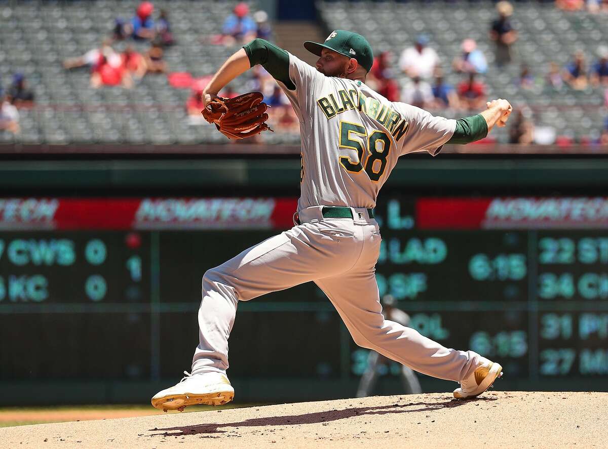 ARLINGTON, TEXAS - JUNE 08: Paul Blackburn #58 of the Oakland Athletics pitches in the first inning against the Texas Rangers during game one of a doubleheader at Globe Life Park in Arlington on June 08, 2019 in Arlington, Texas. (Photo by Richard Rodriguez/Getty Images)