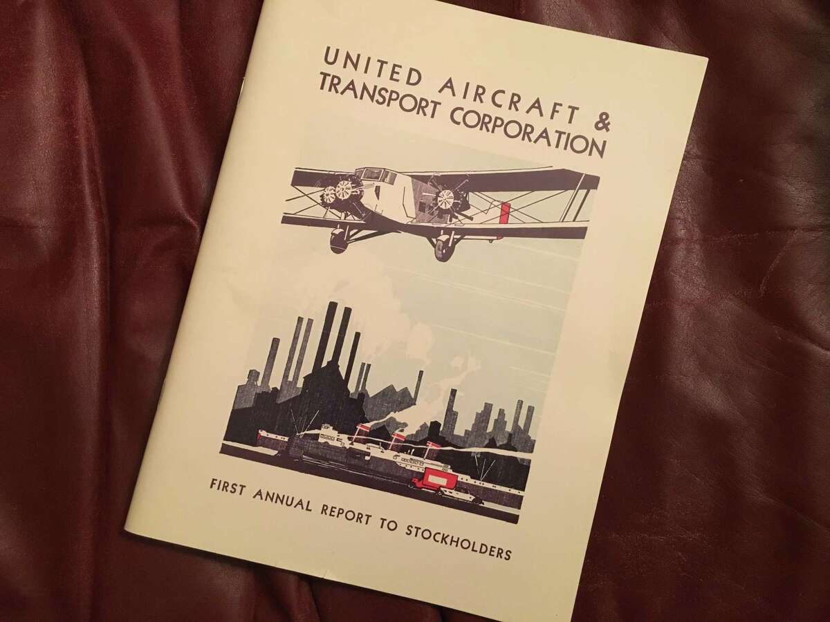 The first annual report of United Aircraft & Transport Corp. in 1930 heralded a business juggernaut that included Pratt & Whitney, Boeing, Sikorsky and the transporters that became United Air Lines. It was later broken up by the government. UA became United Technologies Corp. in 1975. Pictured here is a 1995 reproduction of the original report to shareholders. UTC, based in Farmington, could merge with Waltham, Mass.-based Raytheon Co., according to reports saying the deal could be announced as soon as Monday, June 10, 2019.