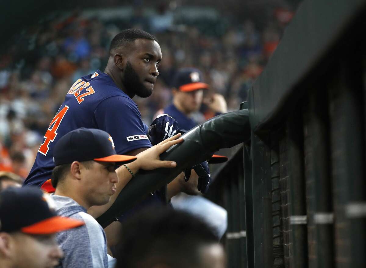 Houston Astros designated hitter Yordan Alvarez (44) in the dugout during the first inning of an MLB game at Minute Maid Park, Sunday, June 9, 2019, in Houston.
