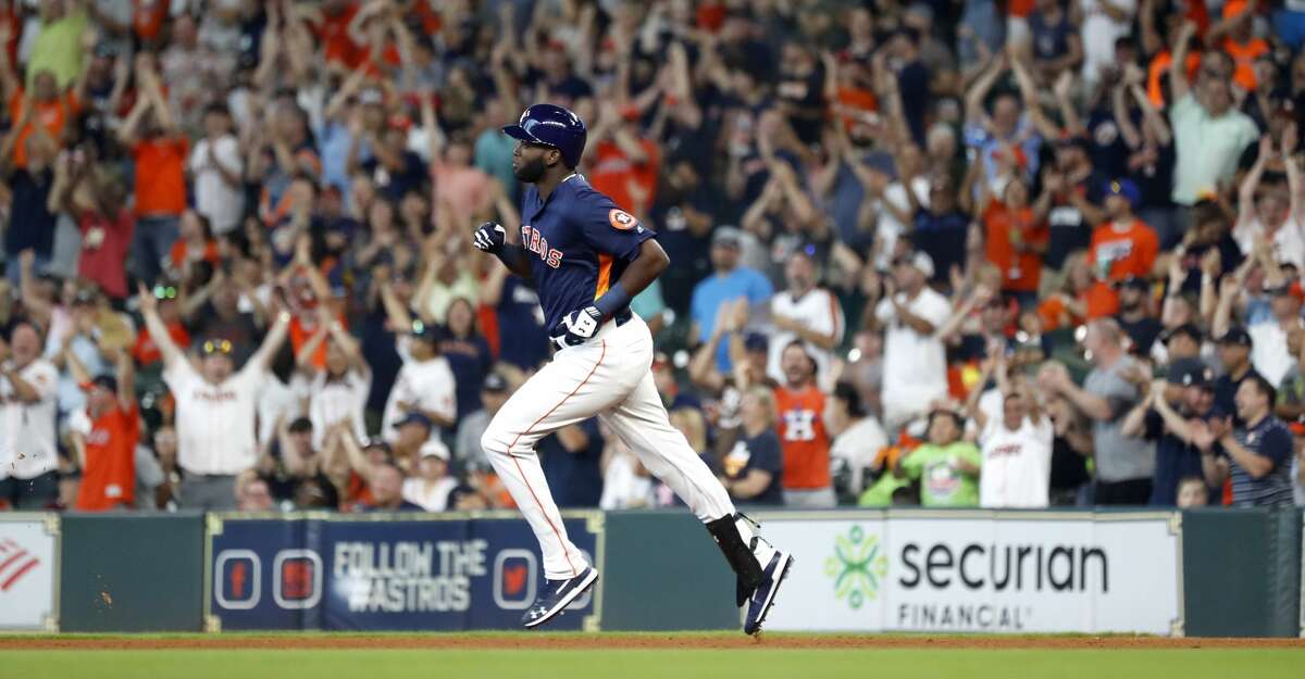 Houston Astros designated hitter Yordan Alvarez (44) runs the bases after hitting his first home run in his second at bat during the fourth inning of an MLB game at Minute Maid Park, Sunday, June 9, 2019, in Houston.