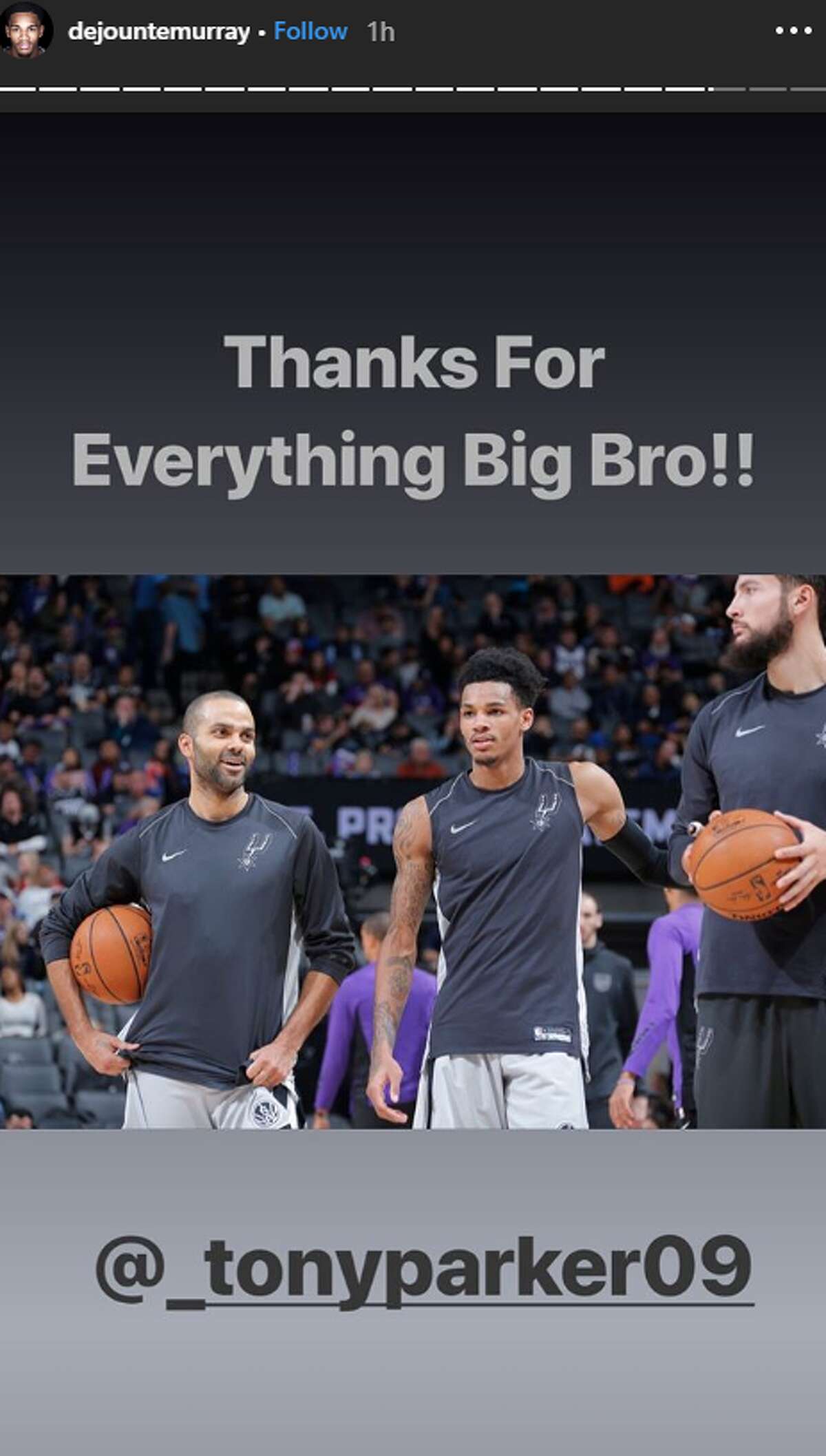 Spurs point guard Dejounte Murray called Parker his "big bro" in a series of Instagram Story posts.