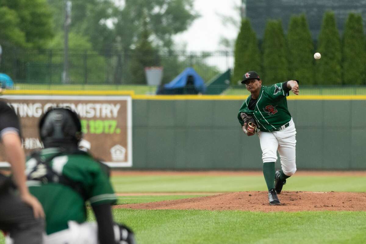Great Lakes Loons' Robinson Ortiz delivers a pitch during Sunday's win over South Bend at Dow Diamond.