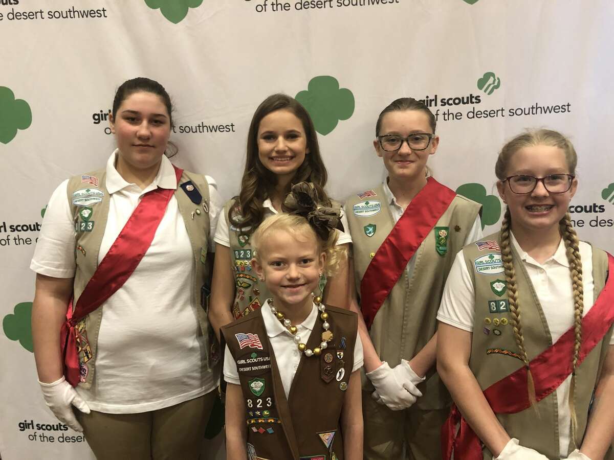 Girl Scouts: Hannah Ramsel,back from left, Madilynn Green, Makenzie Seidel; and Haleigh Green, front left, and Shaylee Barsic