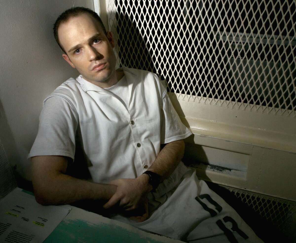 Death row inmate Randy Halprin, 26, sits in a visitation cell at the Polunsky Unit Wednesday, Dec. 3, 2003, in Livingston, Texas. Halprin sits on death row for his part in the shooting death of an Irving, Texas, police officer while he and six other escaped inmates, dubbed the "Texas 7," were robbing a sporting good store in the Dallas suburb. (AP Photo/Brett Coomer)